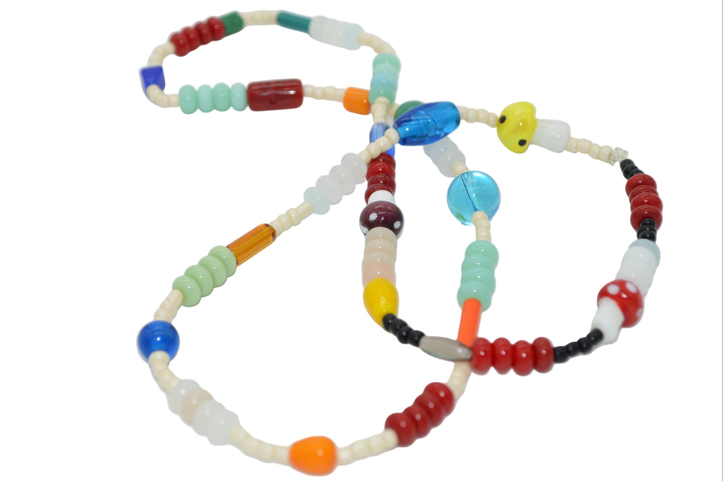 Colorful beaded necklace on a white background