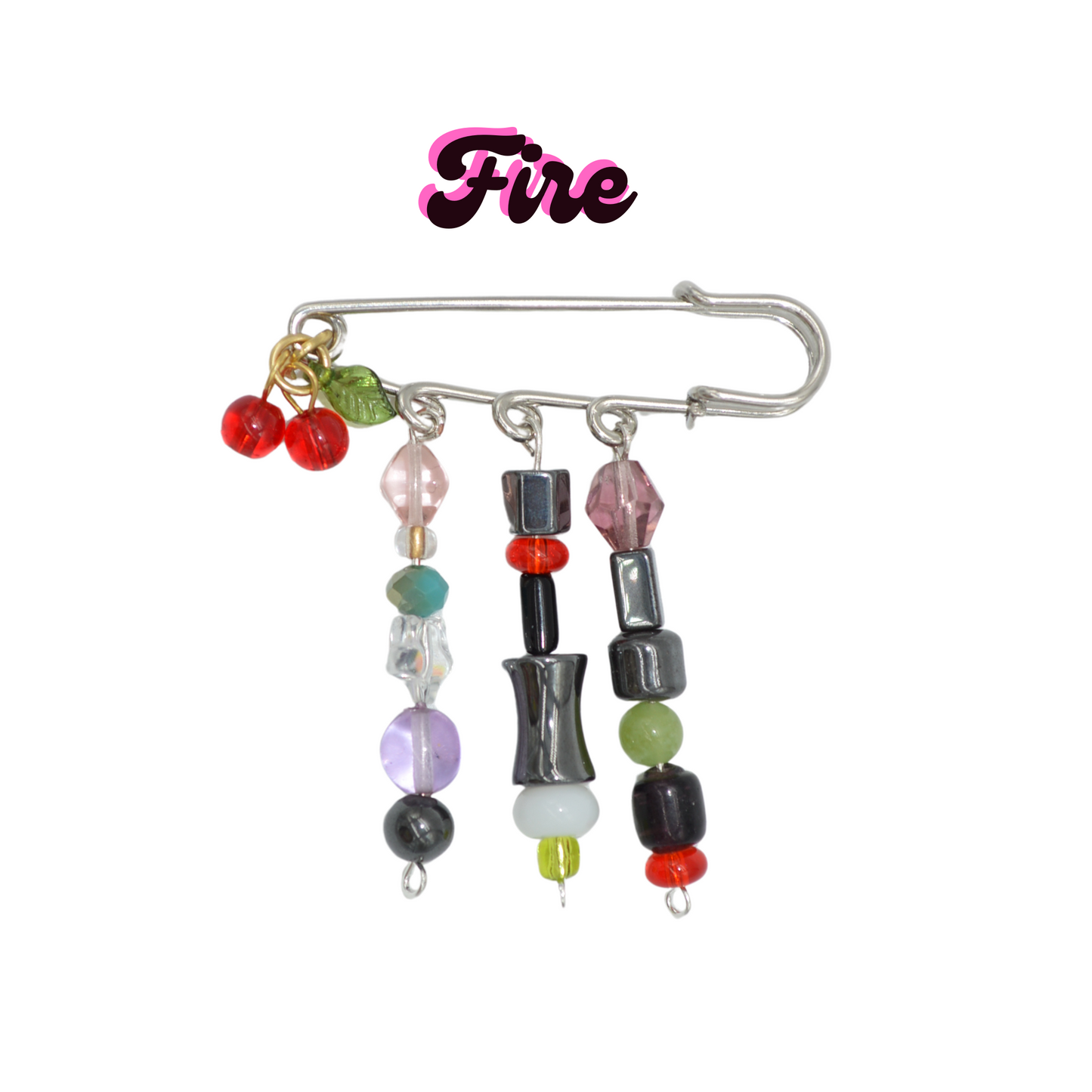 Colorful beaded brooch with safety pin on a white background