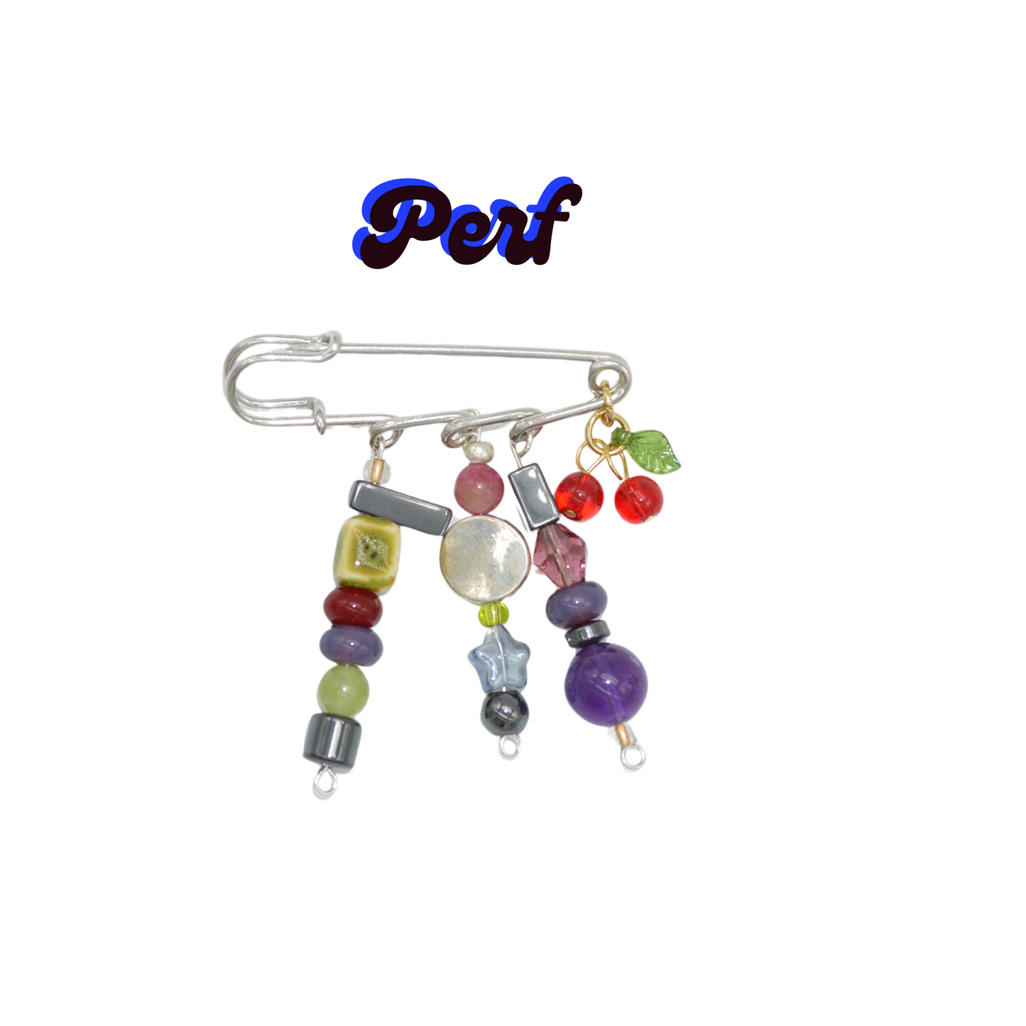 Colorful beaded brooch with a safety pin on a white background