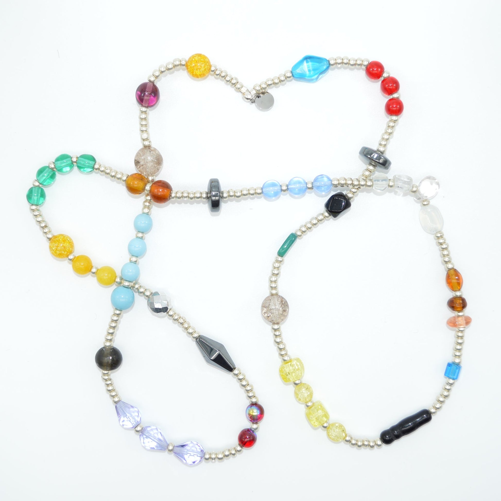 Colorful beaded necklace on a white background