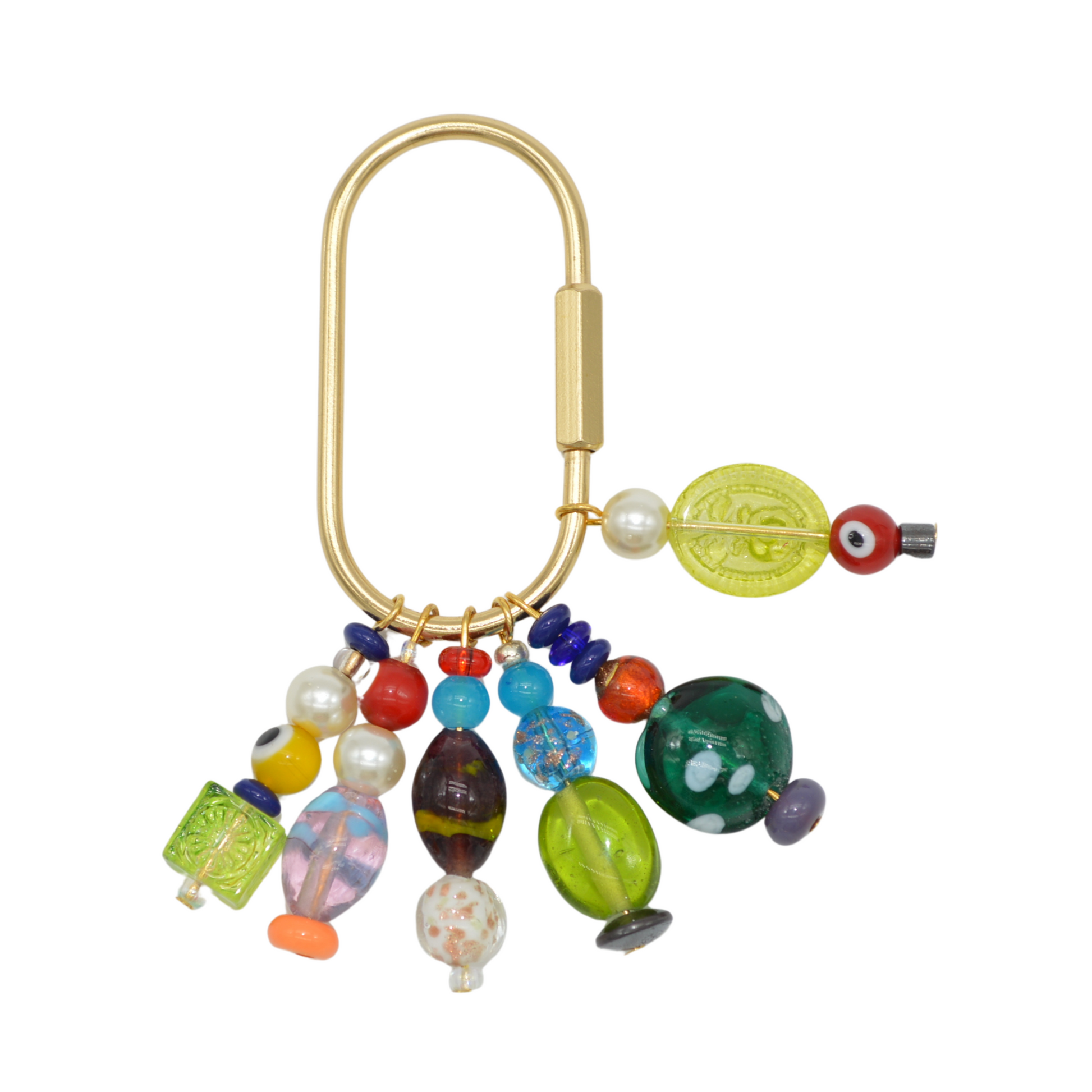 Colorful beaded keychain with a gold metal frame on a white background