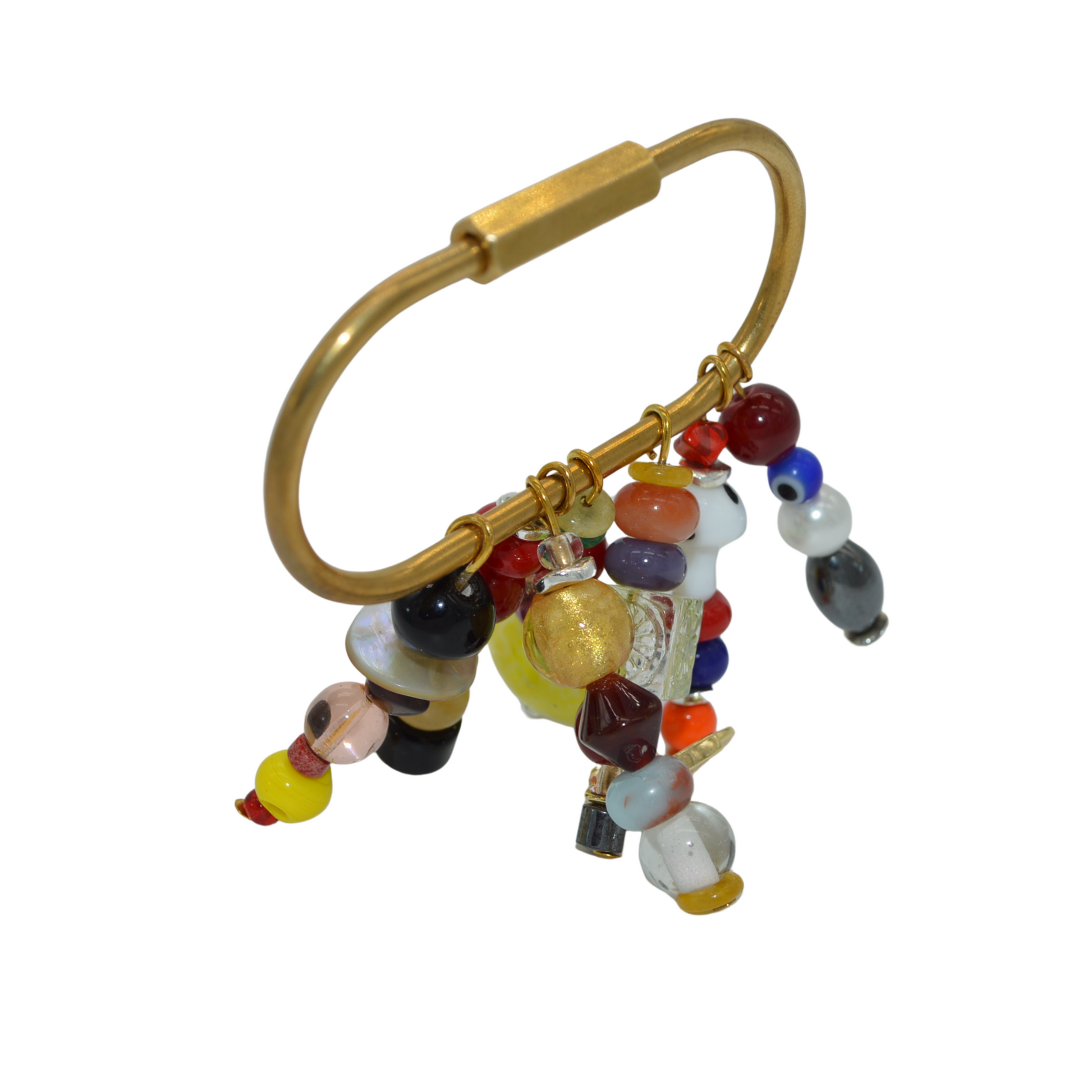 Gold bracelet with colorful beads on a white background