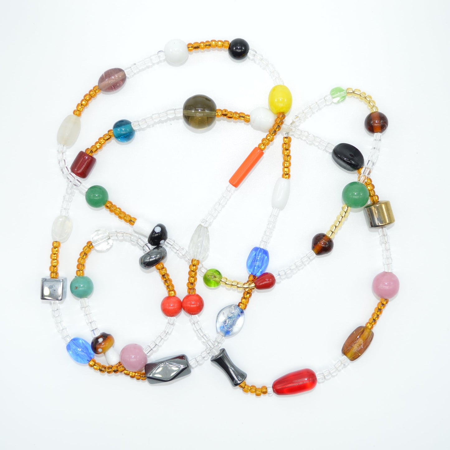 Colorful beaded necklace on a white background