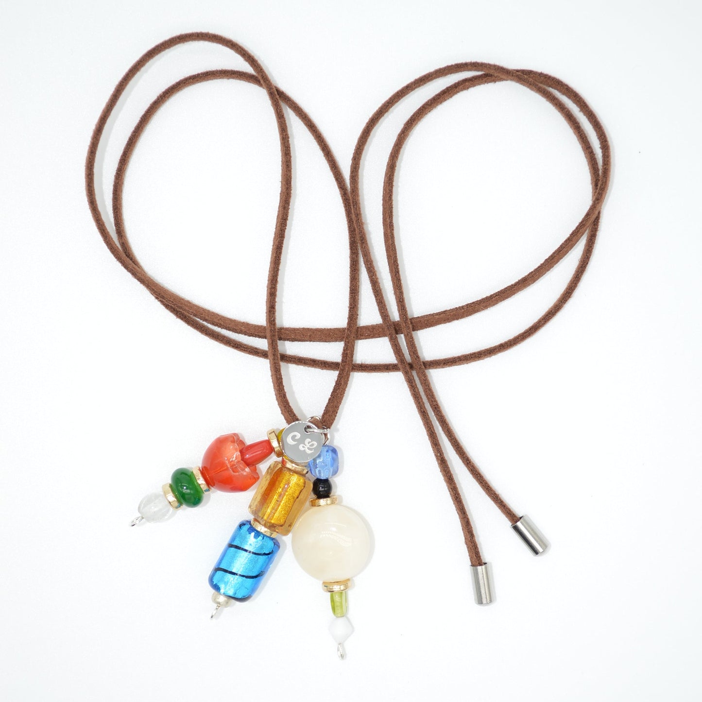 Brown leather lanyard with colorful beads on a white background