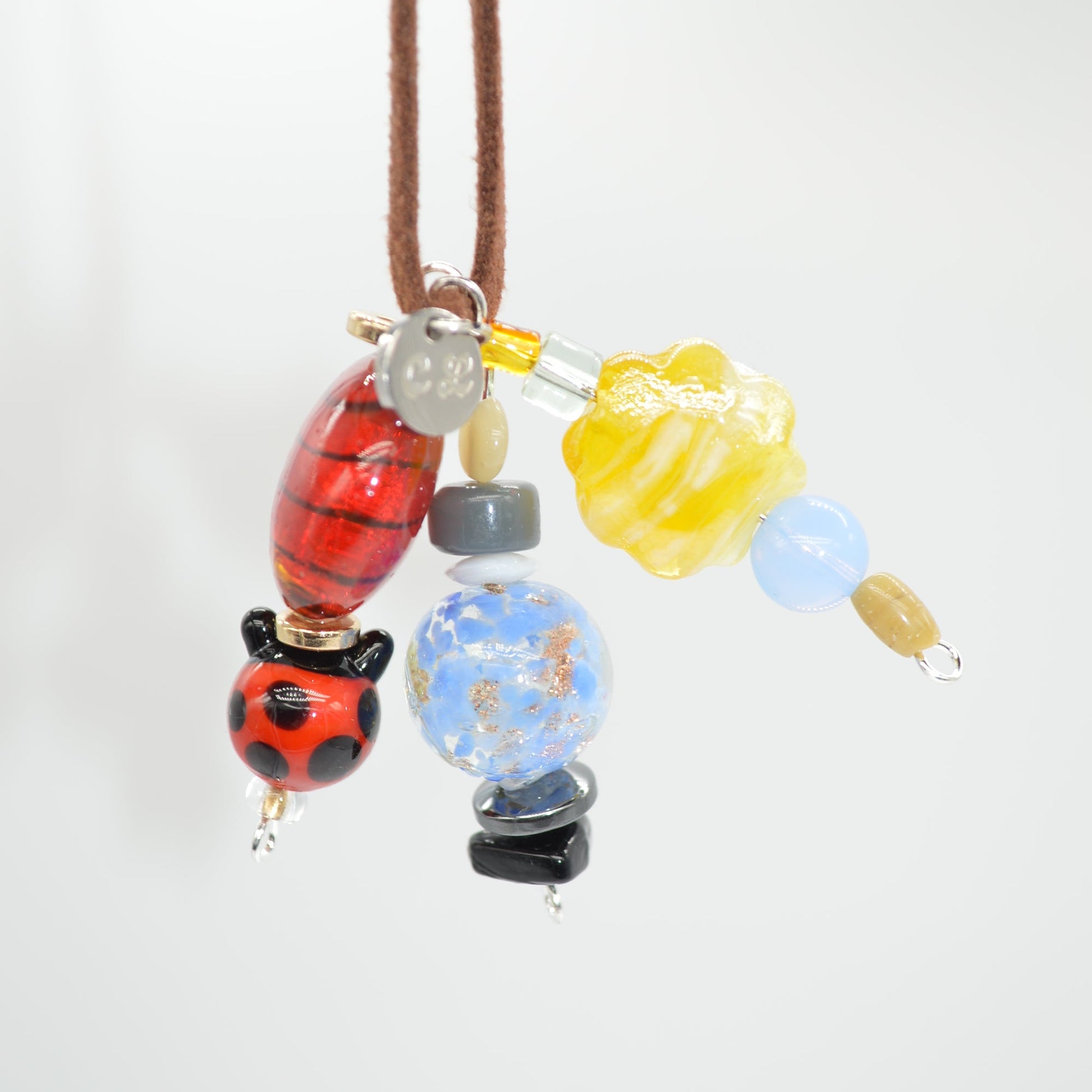 Colorful beaded necklace on a white background