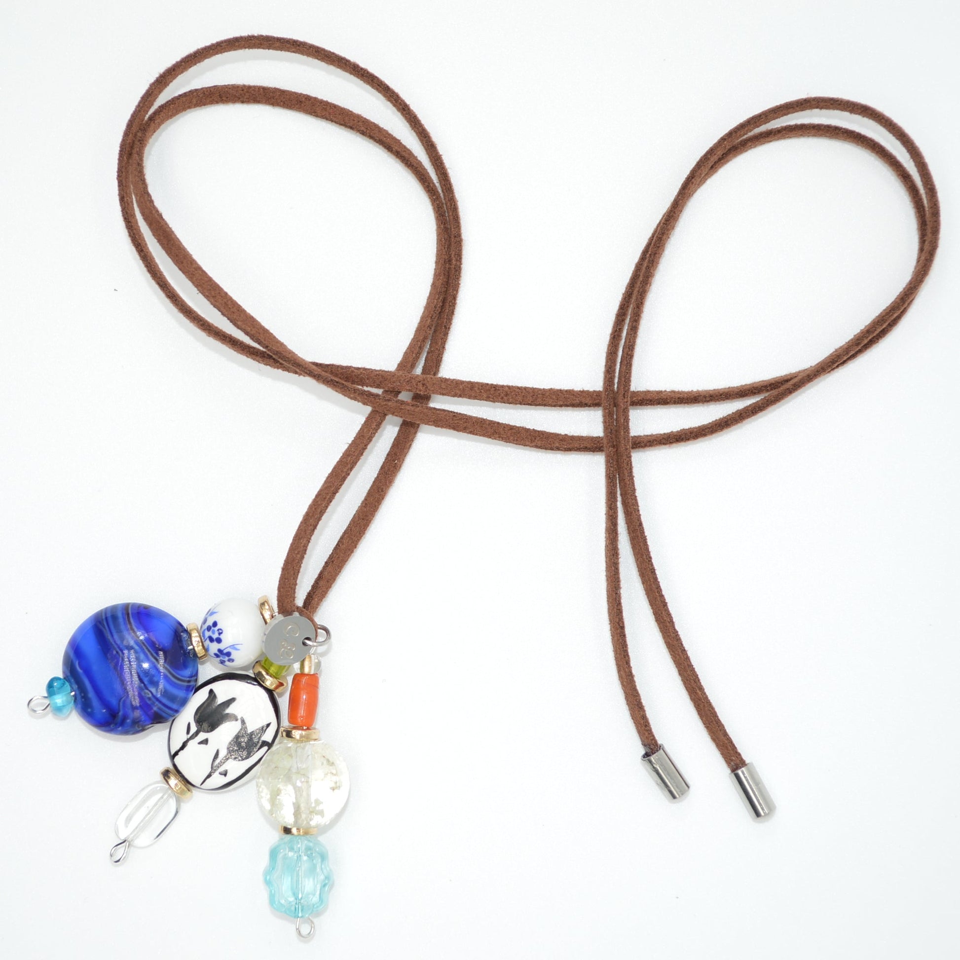 Brown leather cord necklace with colorful beads on a white background
