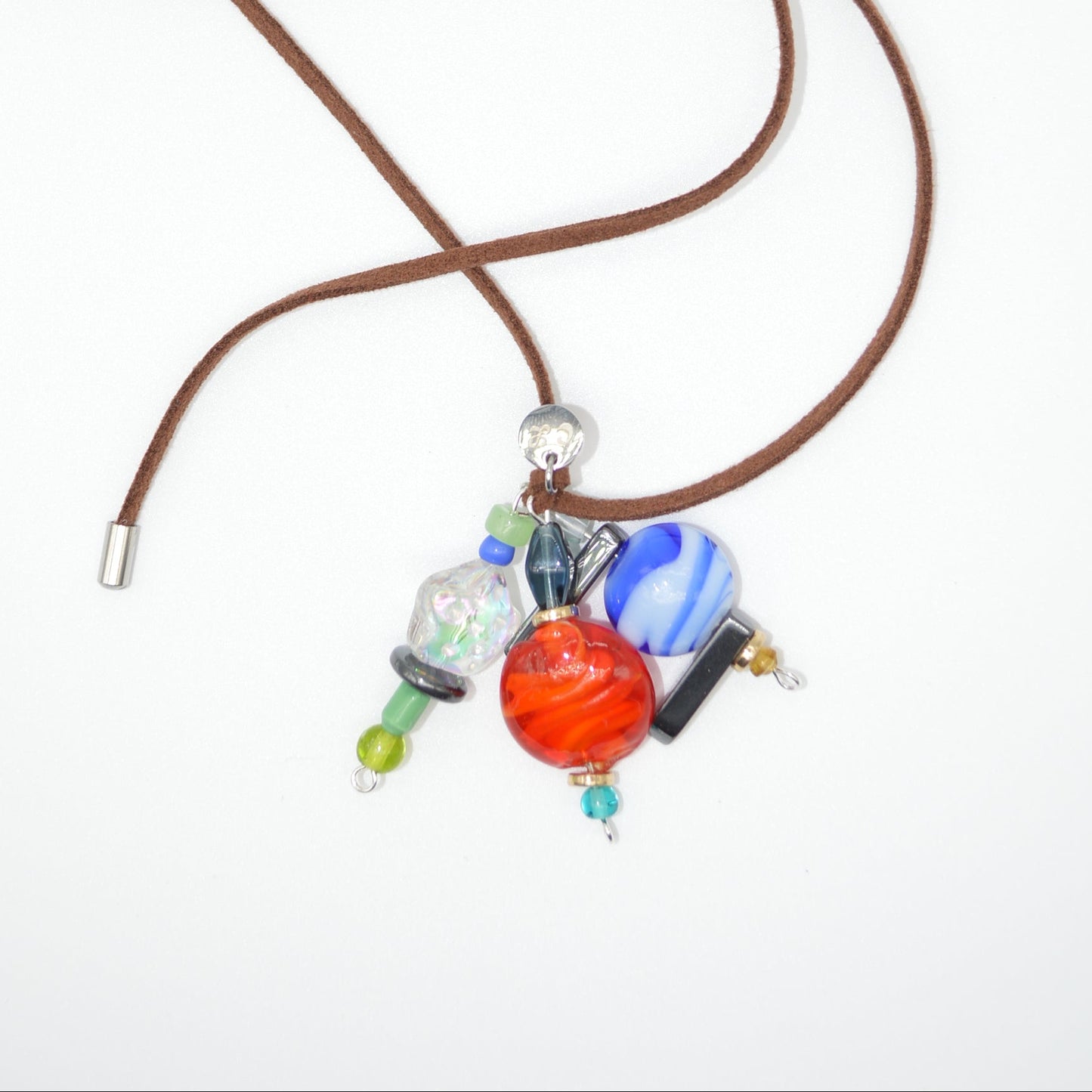 Necklace with colorful glass beads on a white background