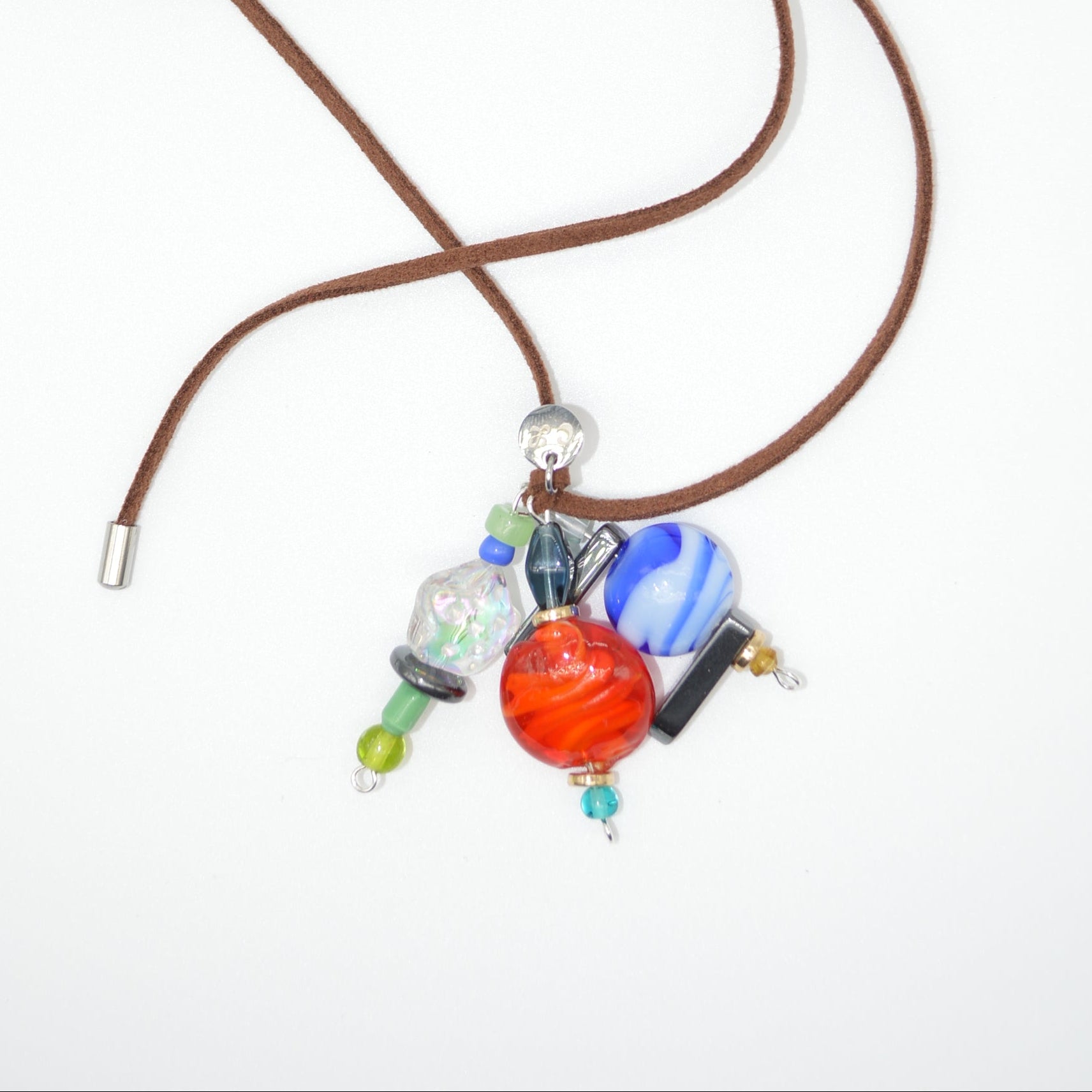 Necklace with colorful glass beads on a white background
