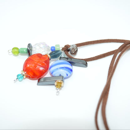 Necklace with colorful beads on a white background