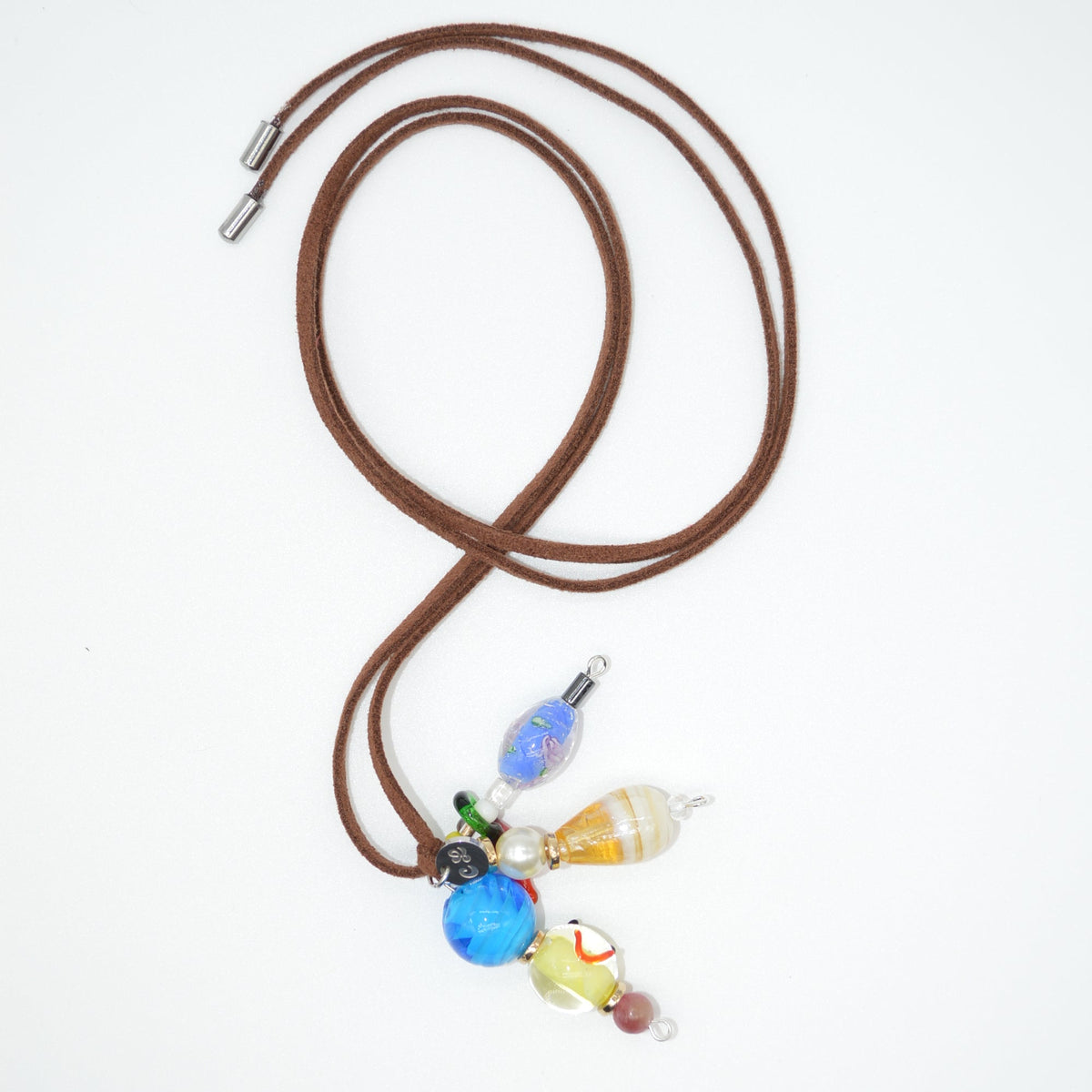 Brown cord with colorful beads on a white background