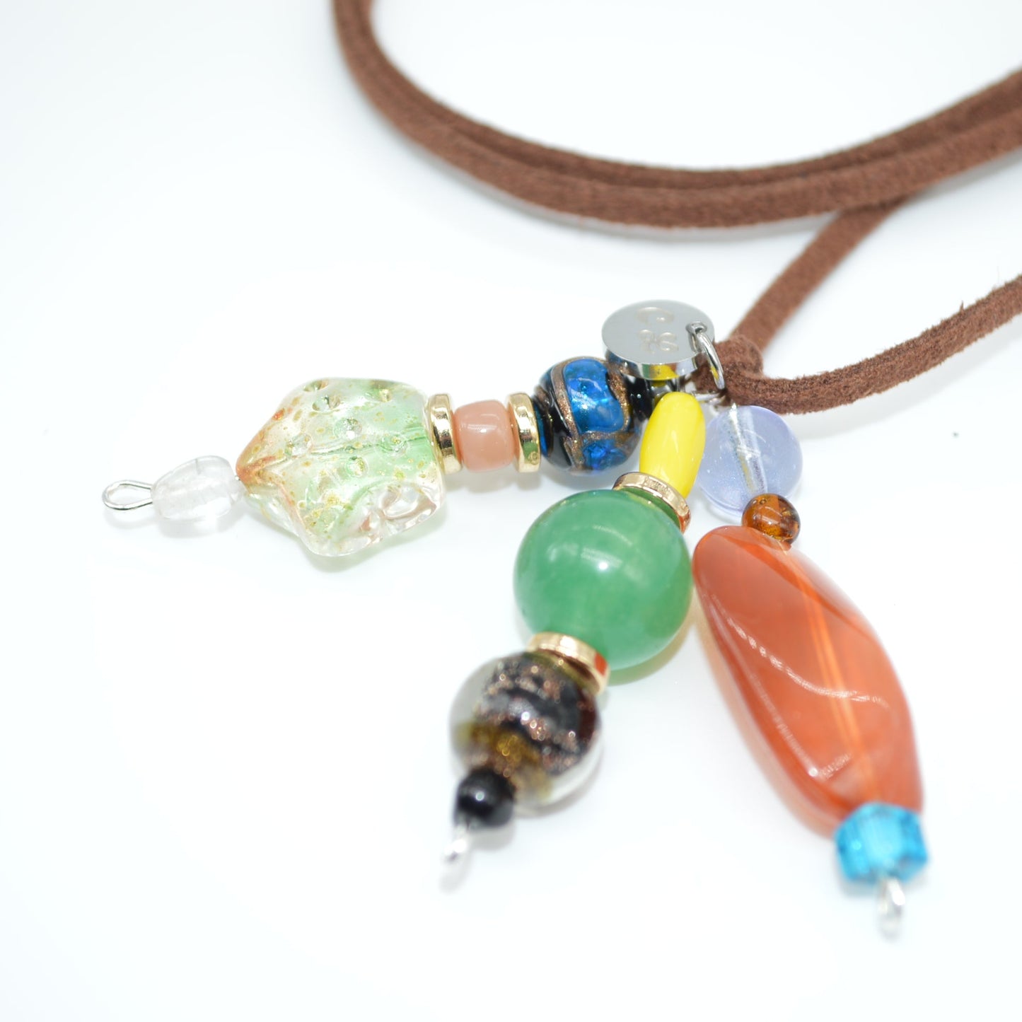 Necklace with colorful beads on a white background