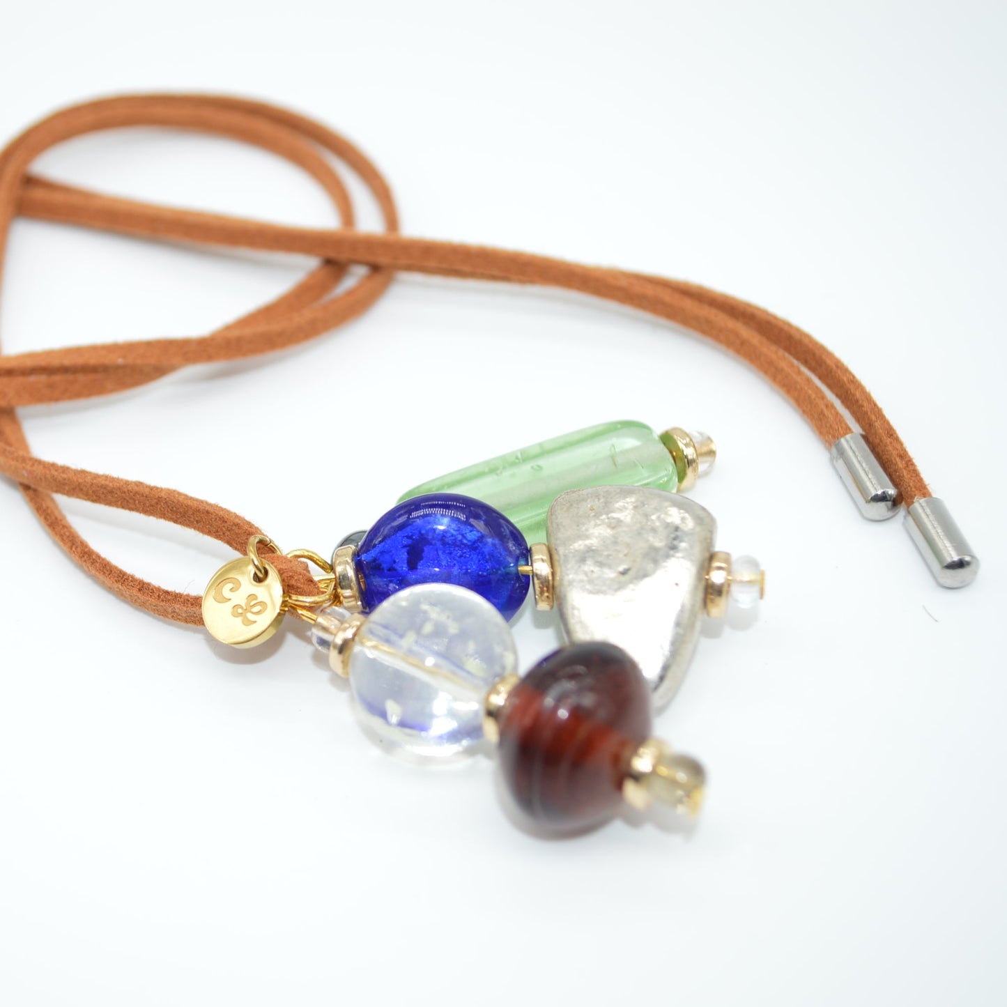 Necklace with colorful beads on a white background