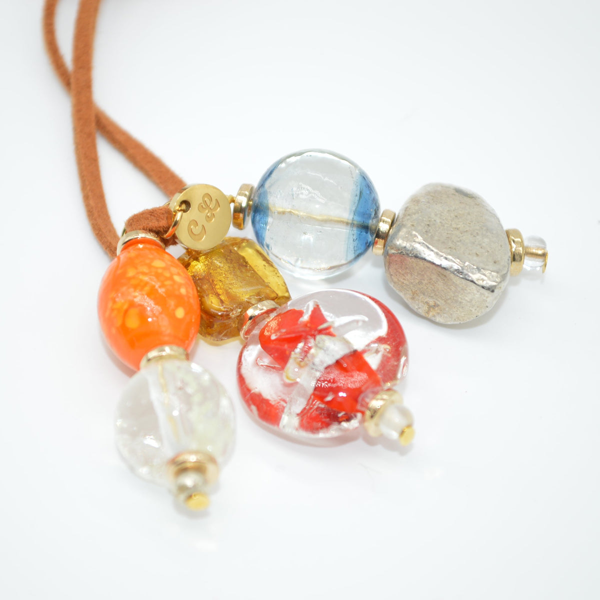 Necklace with colorful beads on a white background