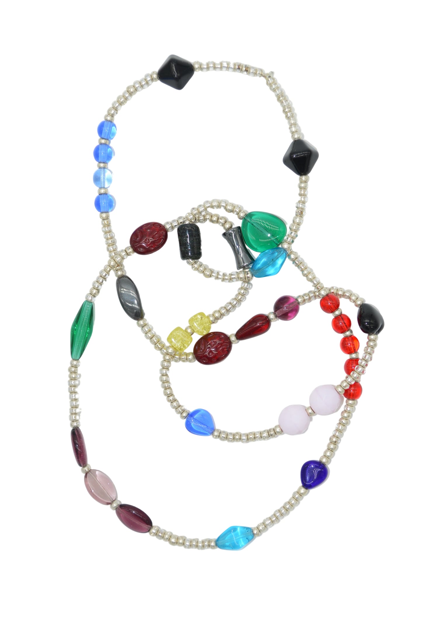 Colorful beaded necklaces on a white background