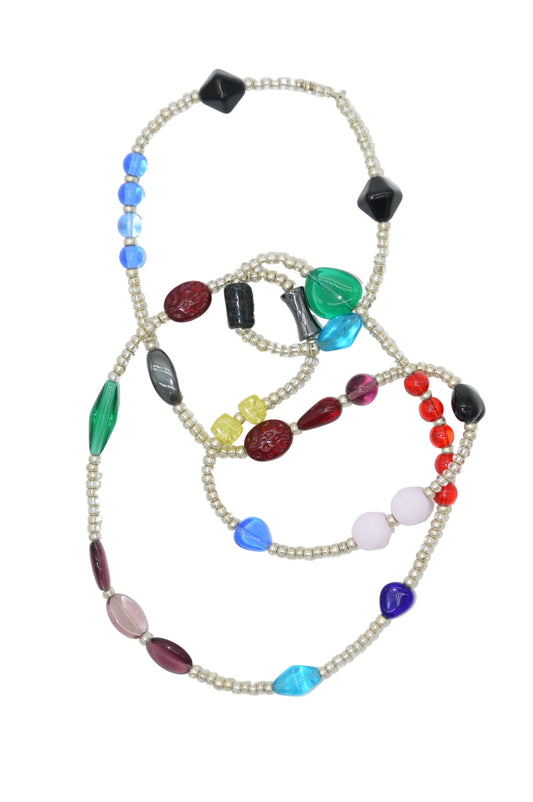 Colorful beaded necklaces on a white background