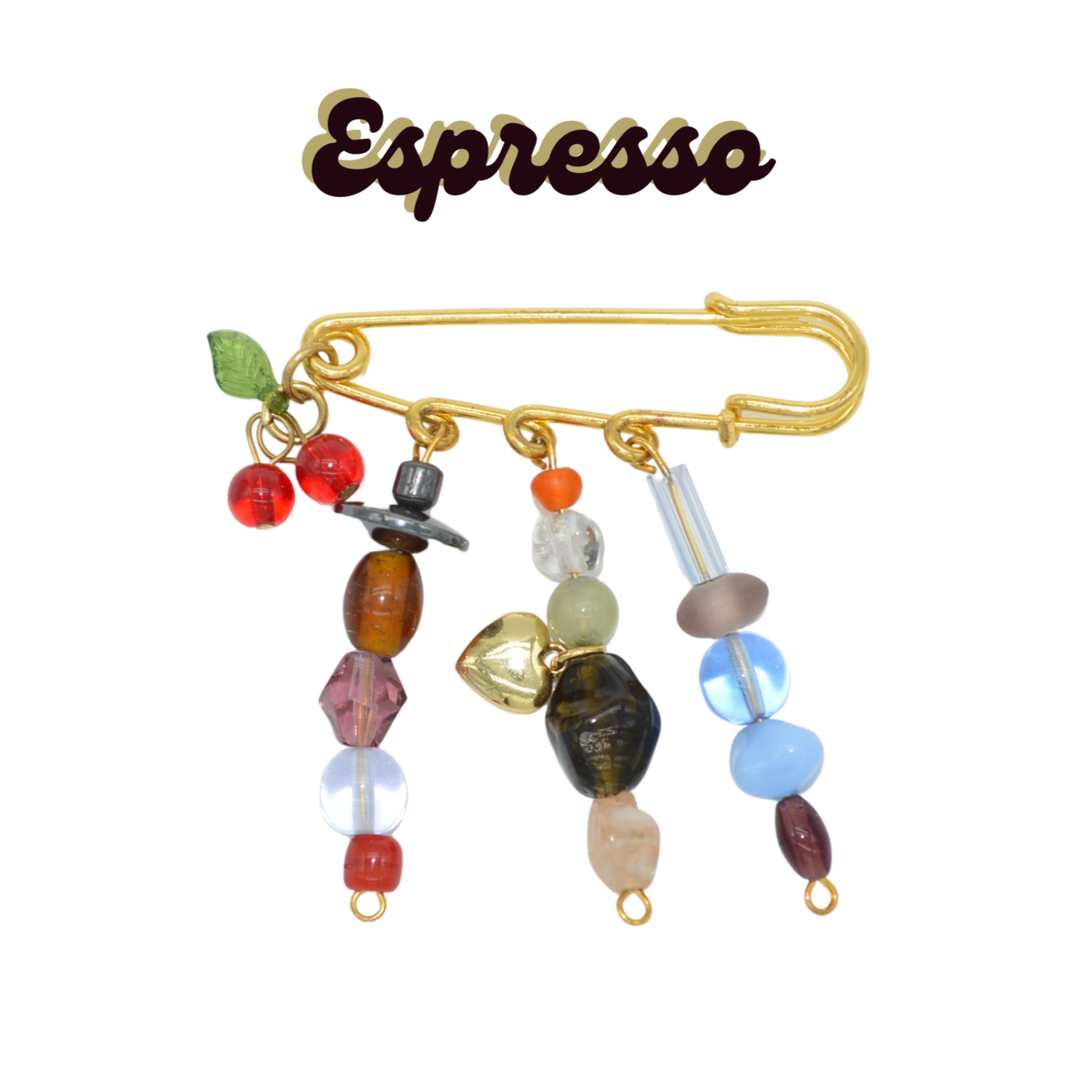 Gold brooch with colorful beads labeled 'Espresso' on a white background