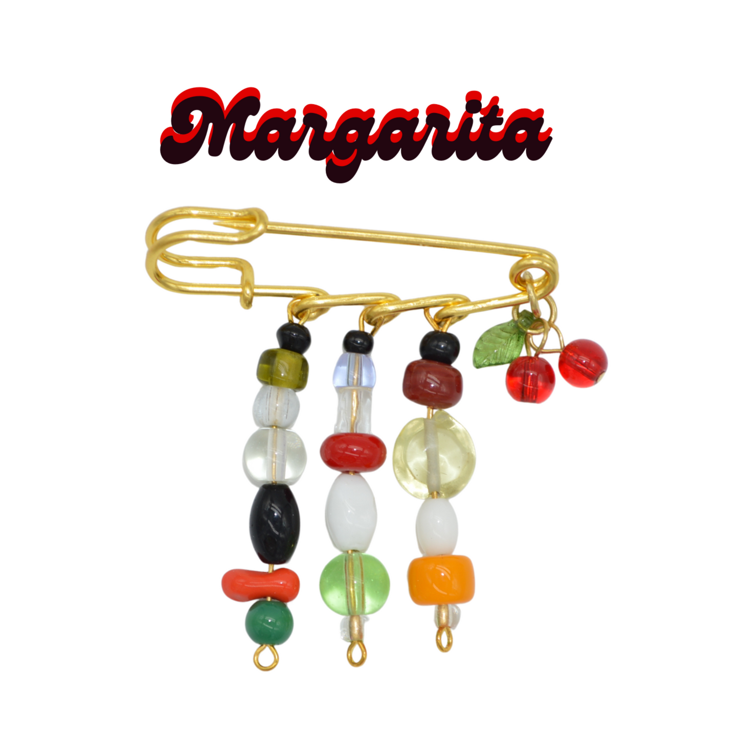 Colorful beaded brooch with a gold clasp on a white background, branded 'Margarita'.