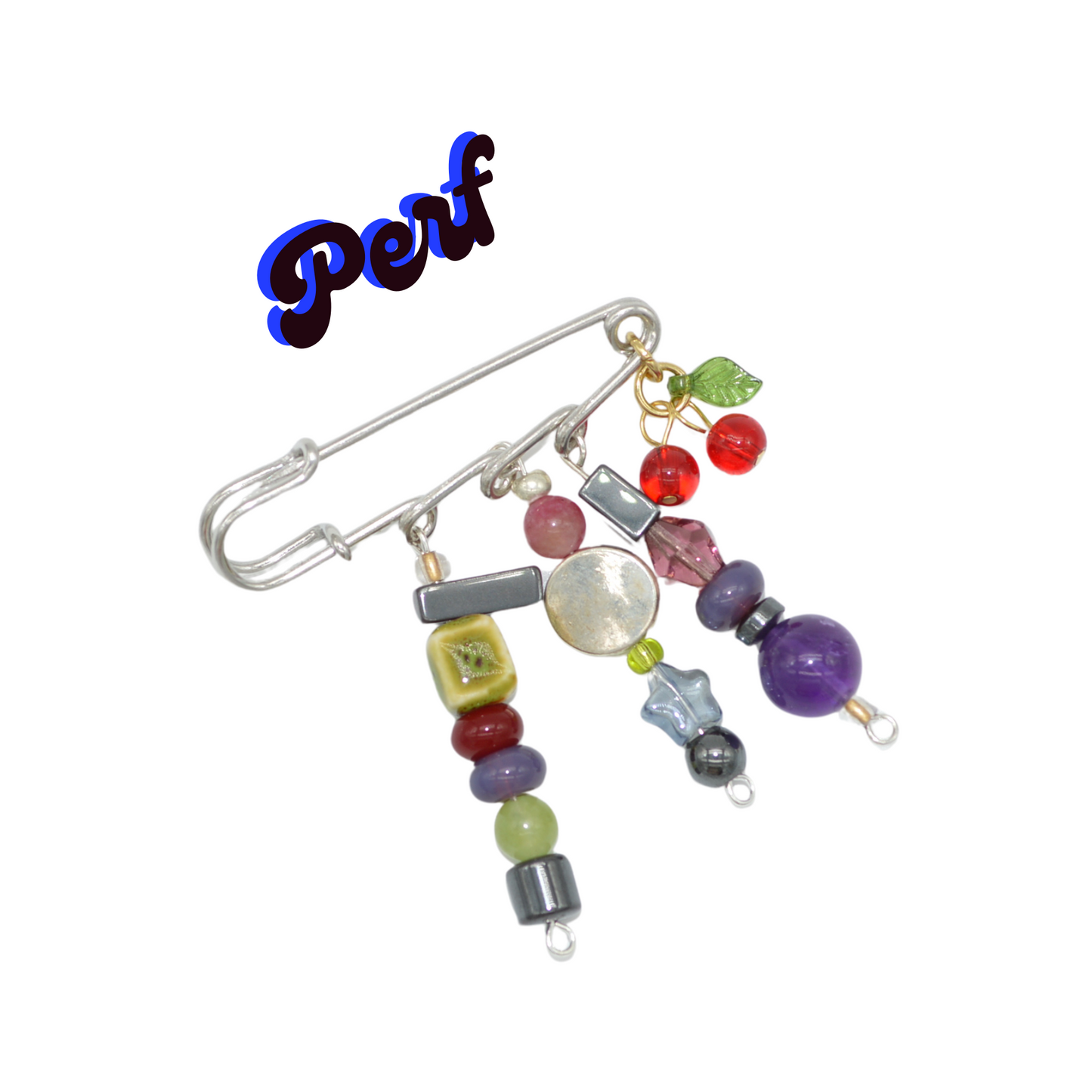 Colorful beaded brooch on a white background with 'Perf' text.