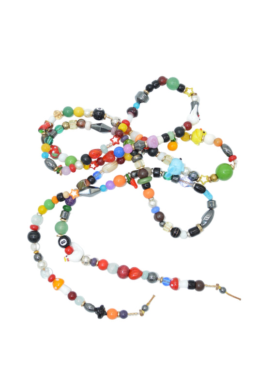 Colorful beaded necklace on a white background