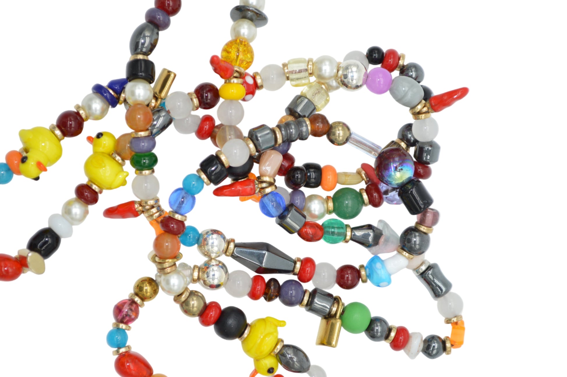 Colorful beaded necklace with various beads on a white background
