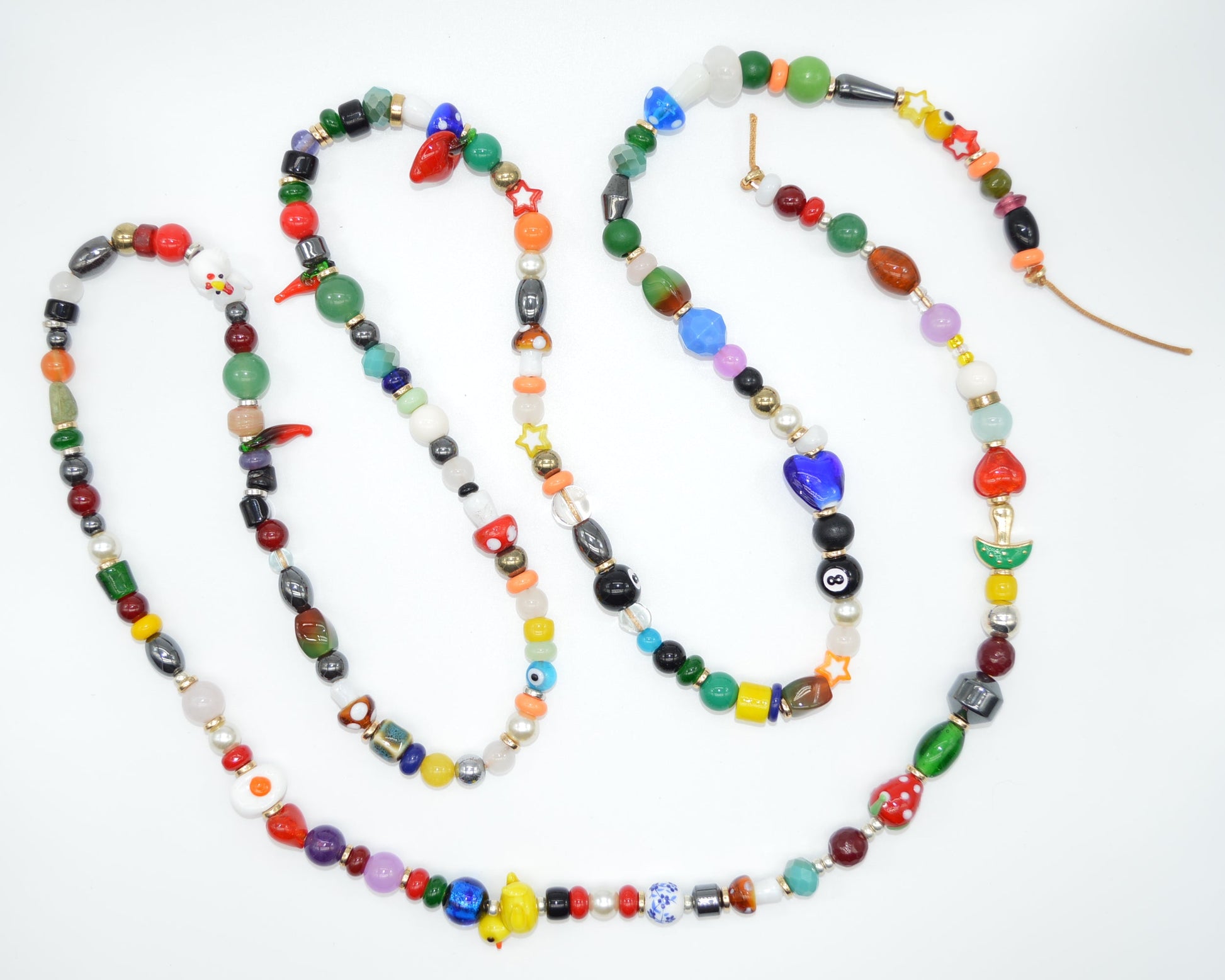 Colorful beaded necklace on a white background