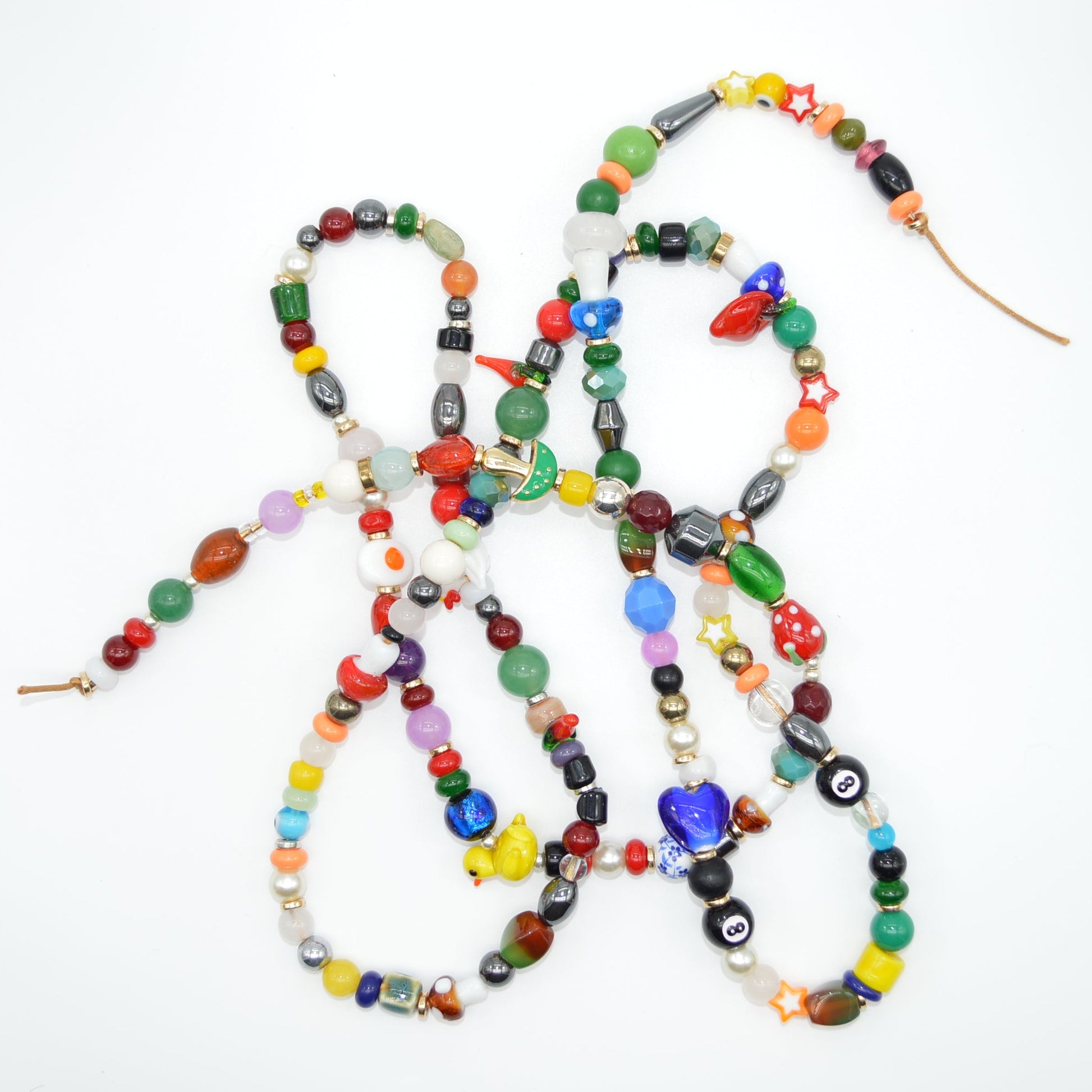 Colorful beaded necklace on a white background