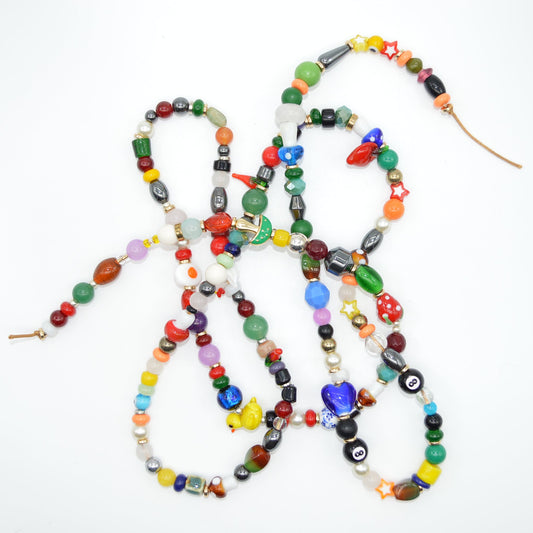 Colorful beaded necklace on a white background