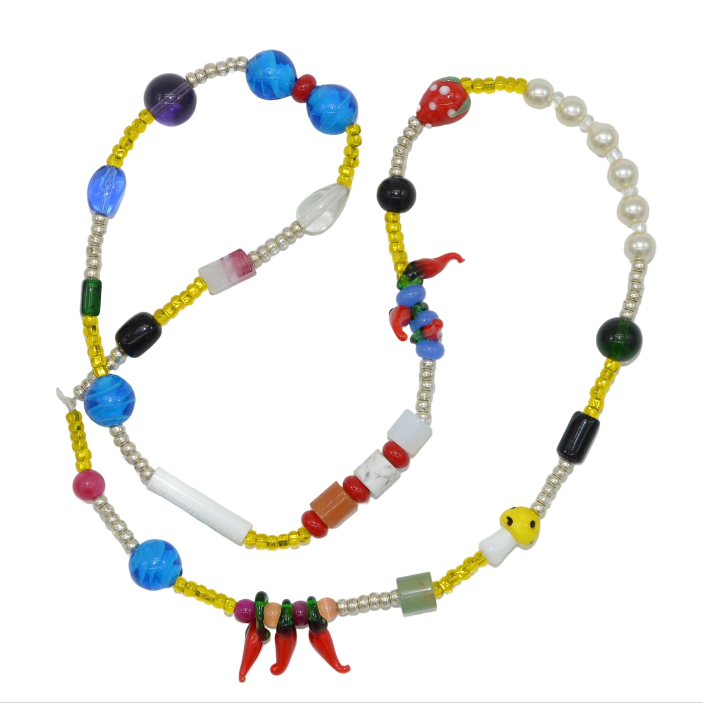 Colorful beaded necklace on a white background