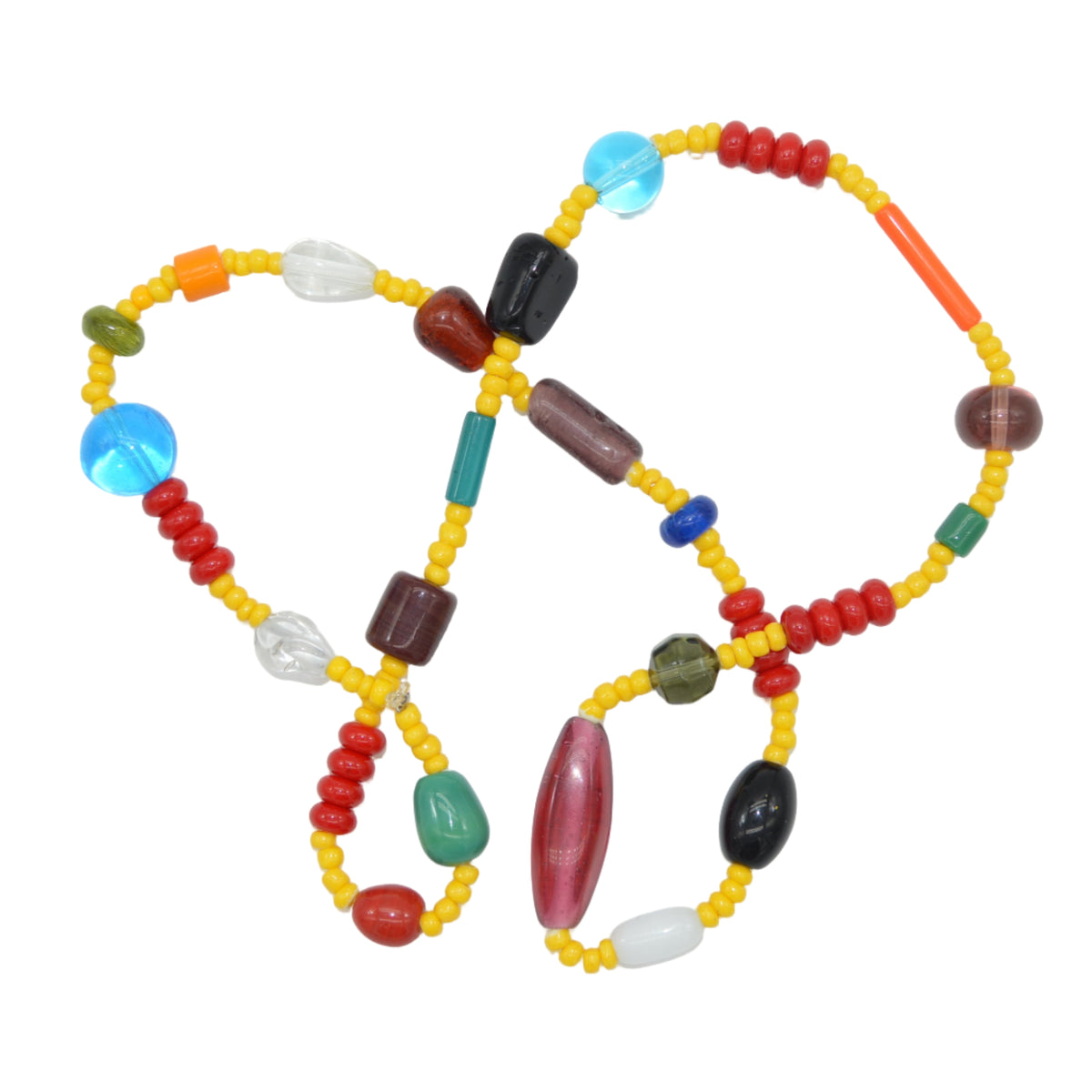 Colorful beaded necklace on a white background