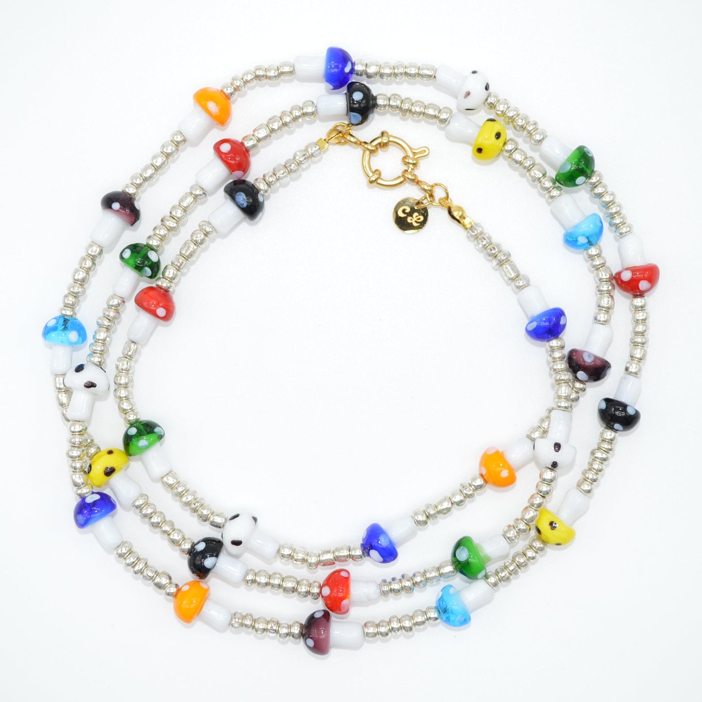 Colorful beaded necklace on a white background