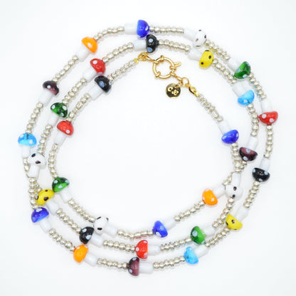 Colorful beaded necklace on a white background
