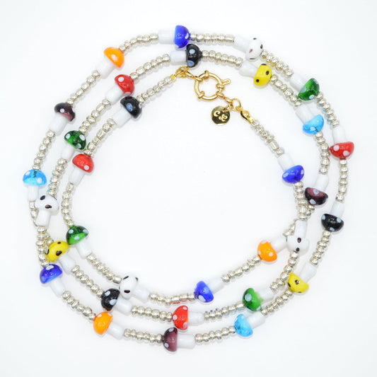 Colorful beaded necklace on a white background