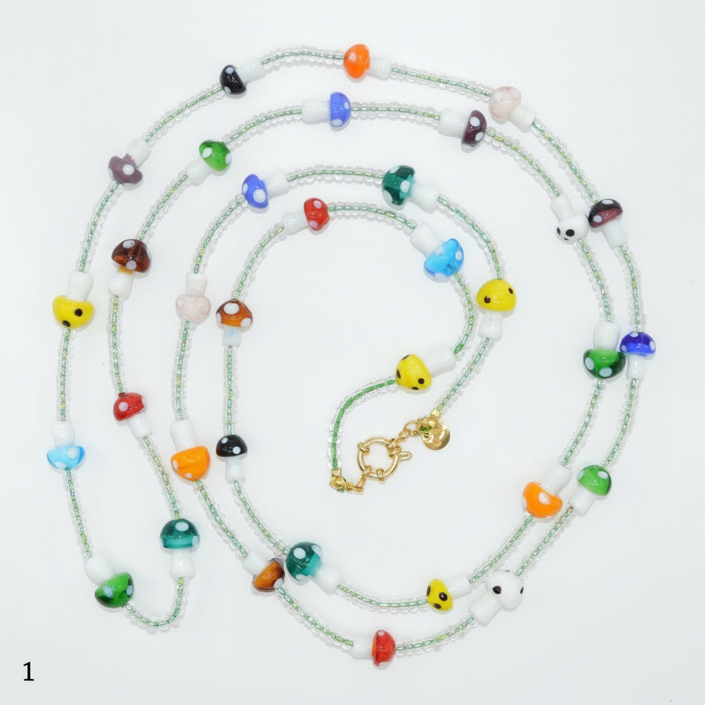 Colorful beaded necklace on a white background
