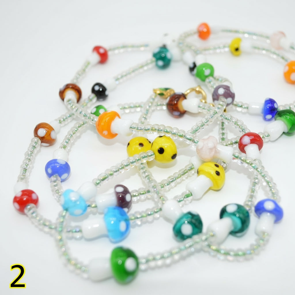 Colorful beaded necklace on a white background