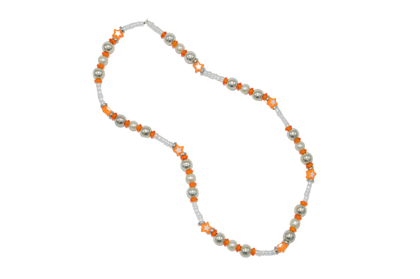 Necklace with orange and silver beads on a light gray background