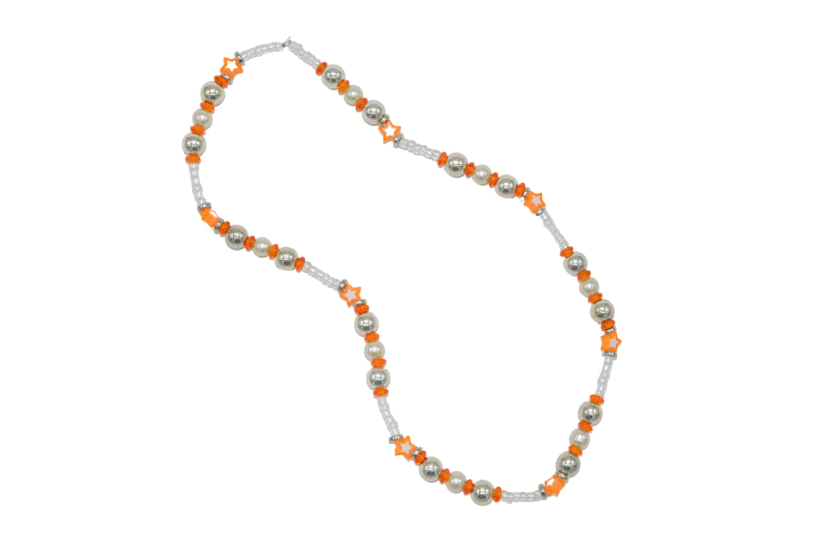 Necklace with orange and silver beads on a light gray background