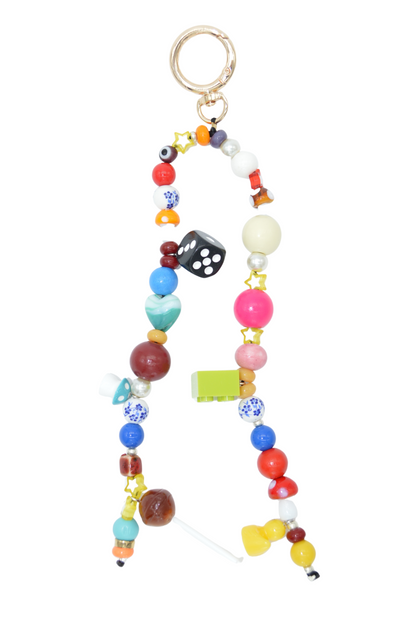 Colorful beaded keychain with various shapes on a white background