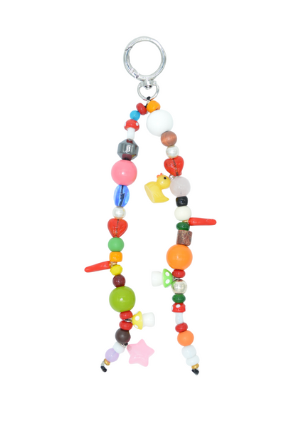 Colorful beaded keychain on a white background