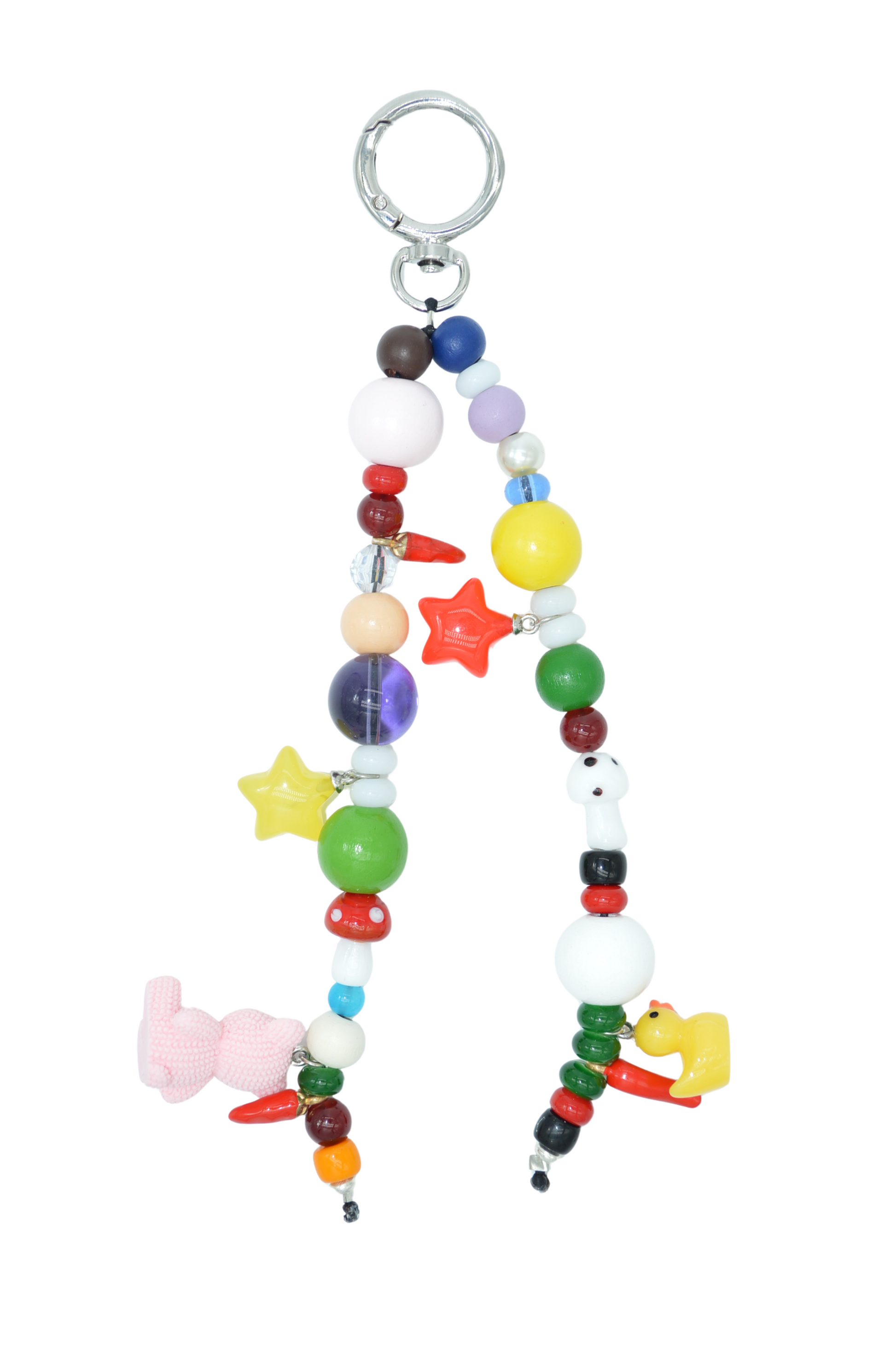 Colorful beaded keychain with various shapes on a white background
