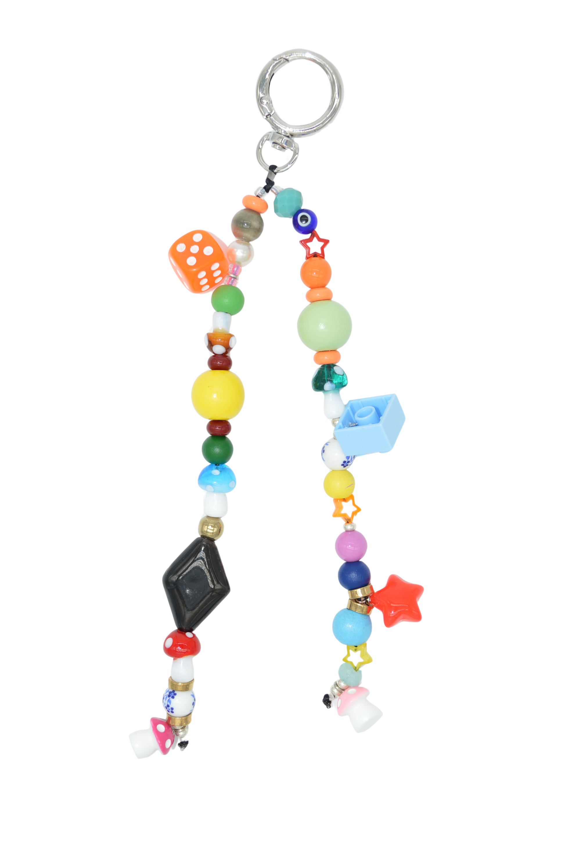 Colorful beaded keychain with various shapes on a white background