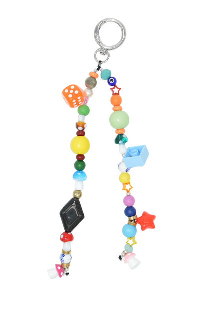 Colorful beaded keychain with various shapes on a white background