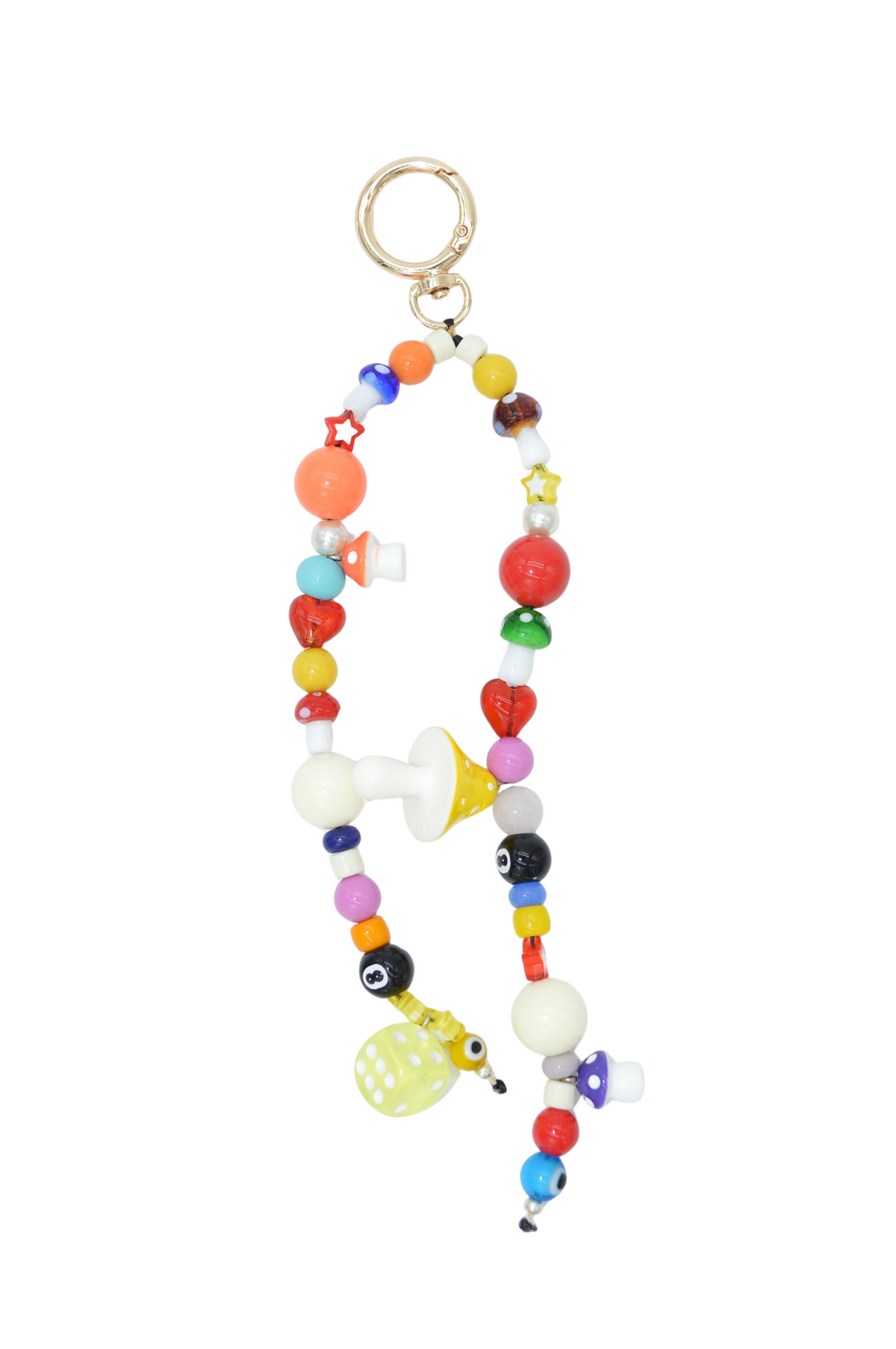Colorful beaded keychain with various shapes on a white background