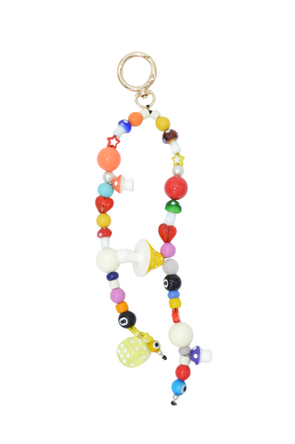 Colorful beaded keychain with various shapes on a white background