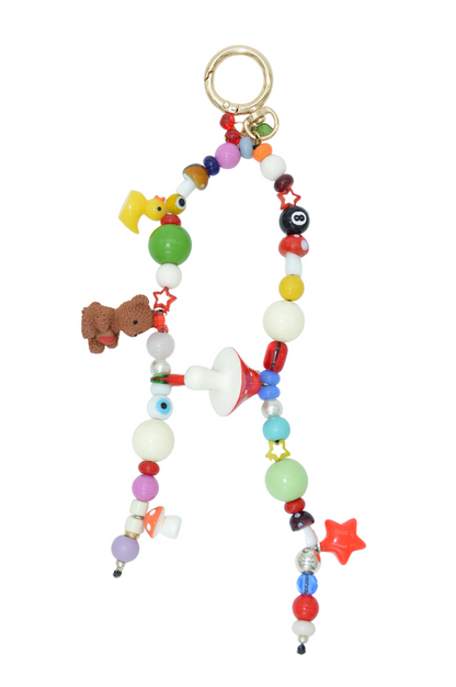 Colorful beaded keychain with various charms on a white background