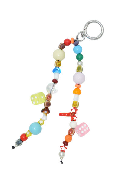 Colorful beaded keychain with various shapes on a white background
